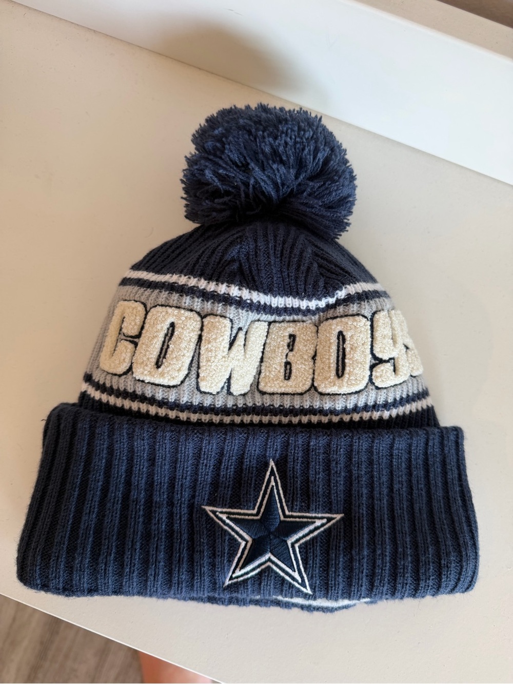 Dallas Cowboys Navy‎ Pom Beanie with Cream Lettering